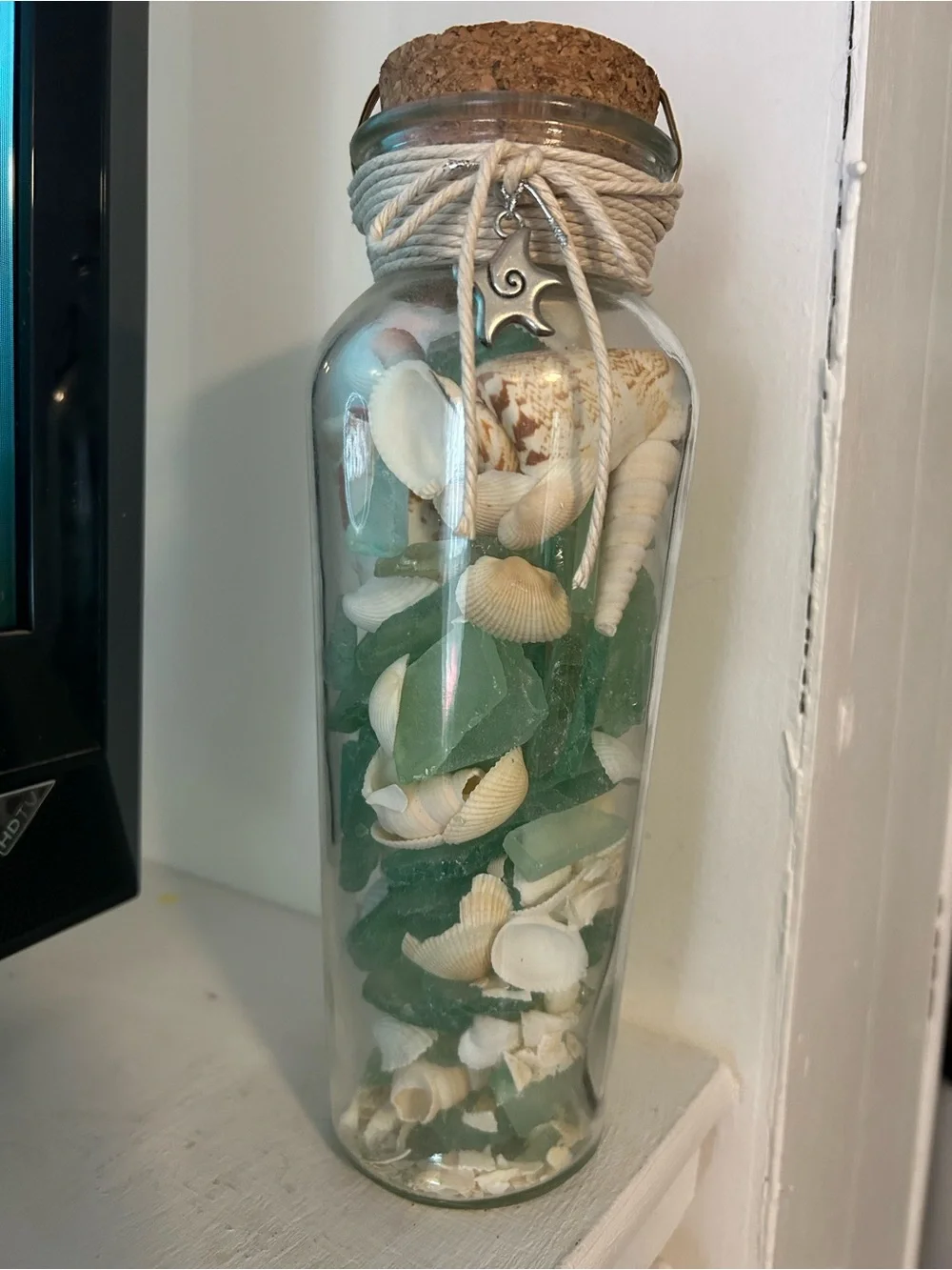 NWT COASTAL Sea Glass & Shell Accent Jar with Charm, Cork Stopper and Cord
